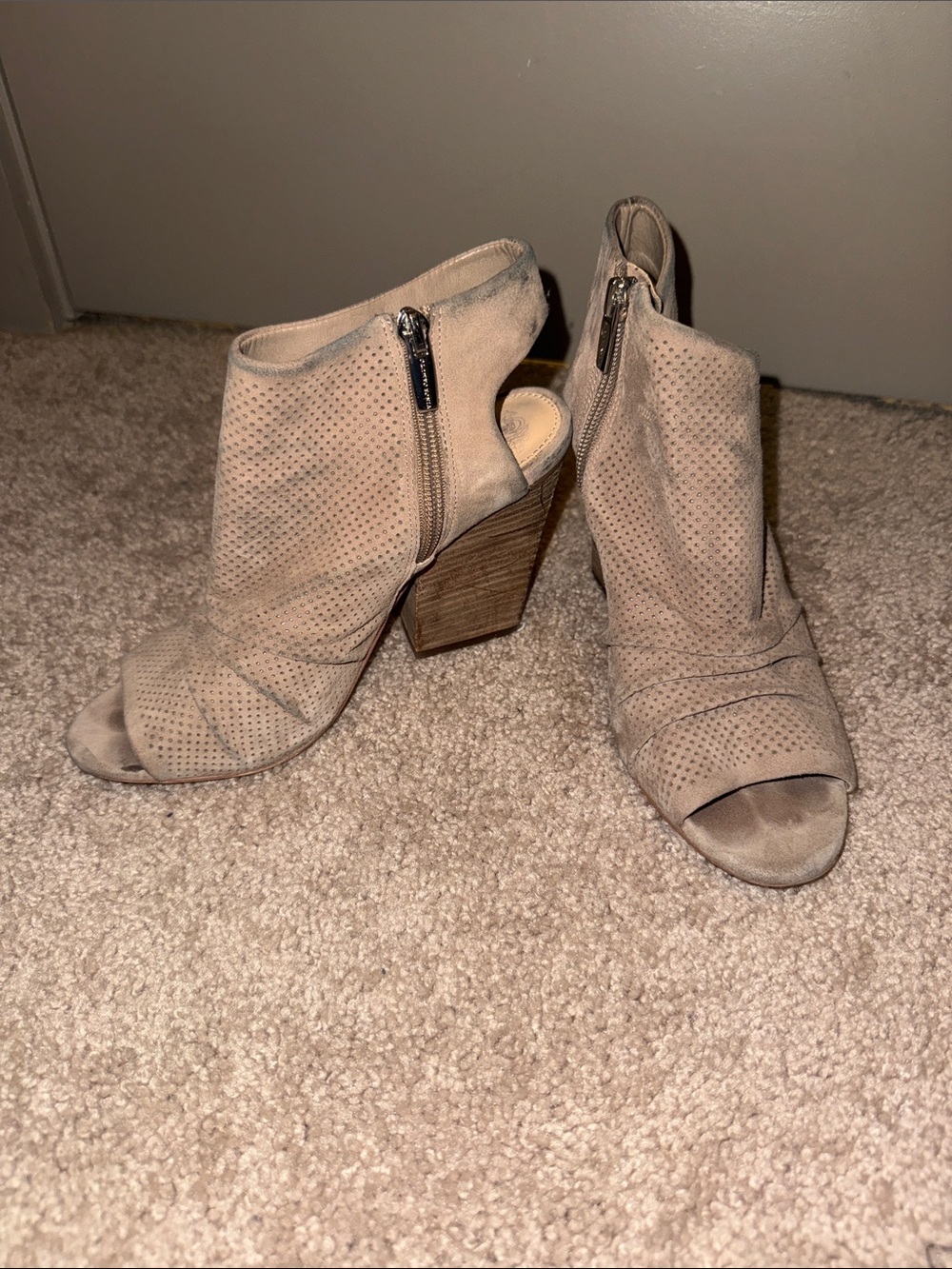 Vince Camuto Taupe Perforated Peep-Toe Block Heel Mules